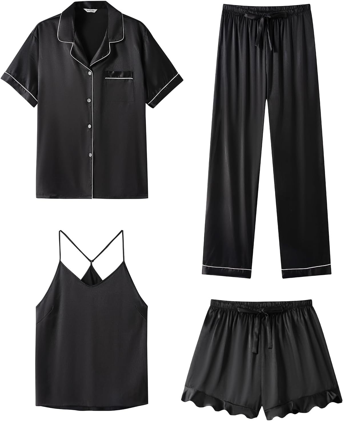 Luxurious Silk Pajamas Set for Women - 4Pcs Ruffled Satin Set