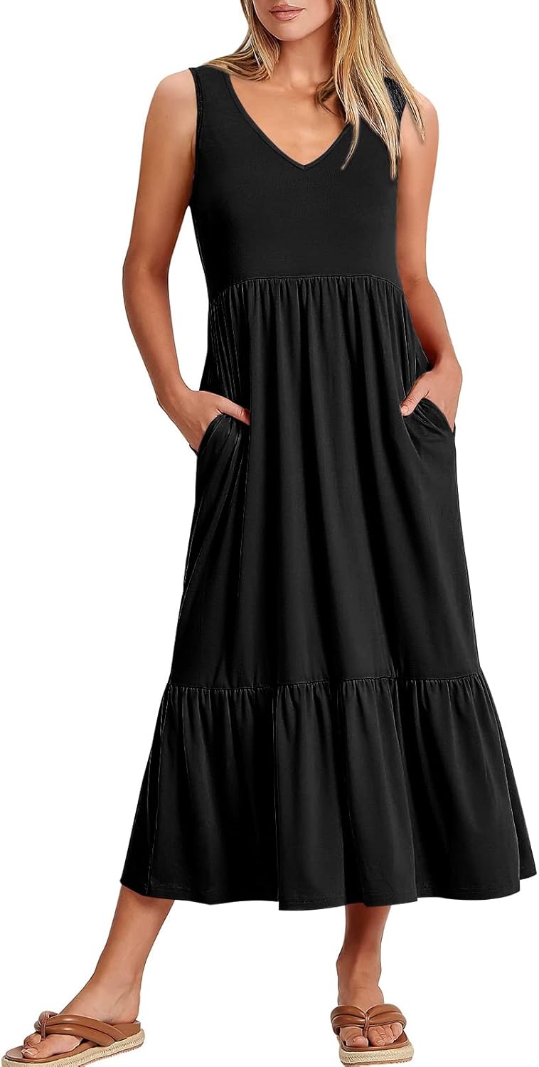 Womens Summer Maxi Dresses Fit & Flare Flowy V Neck Sleeveless