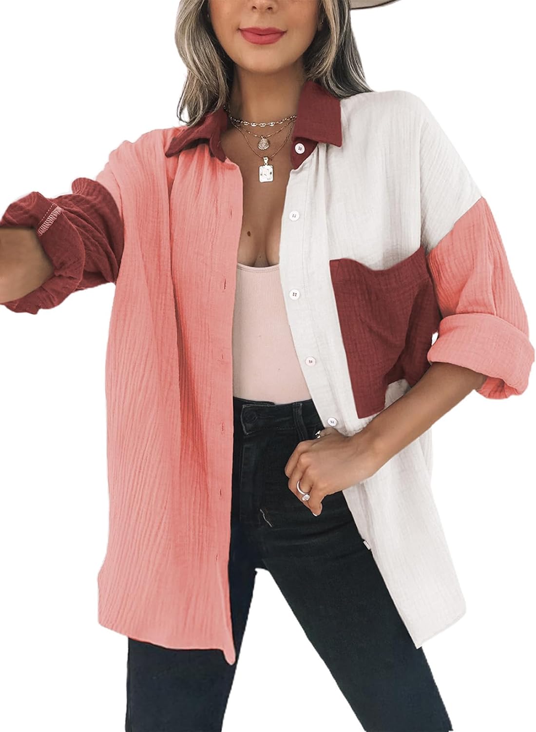 Dokotoo Womens Color Block Button Down Oversized Blouses