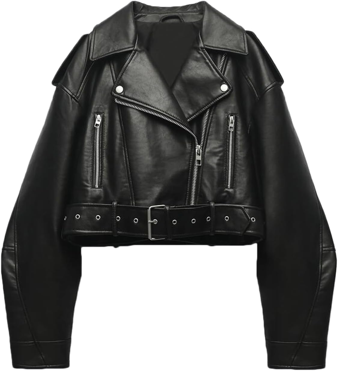 Stylish Women Faux Leather Cropped Jacket with Removable Belt