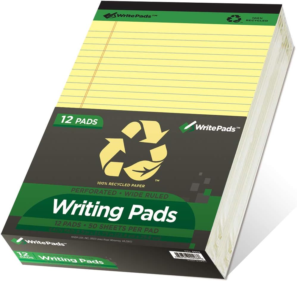 KAISA Recycled Legal Pads 8.5x11.75 Wide Ruled - 12 Pack