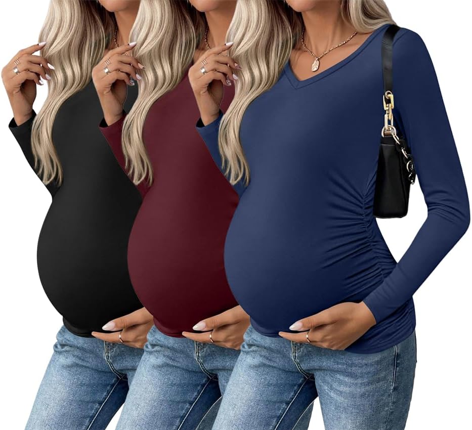 Ekouaer Womens Maternity Shirts Long Sleeve V-Neck Blouse Tops
