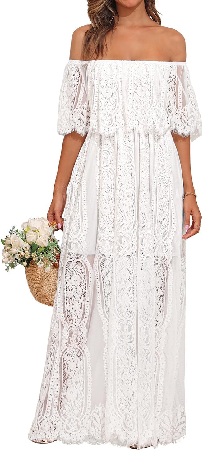 Holipick Women's Off Shoulder Lace Maxi Dress for Weddings