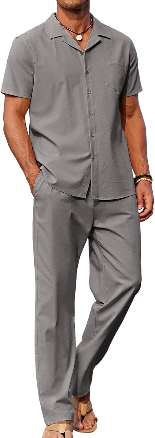 COOFANDY Men 2 Piece Linen Outfit for Beach and Casual Wear