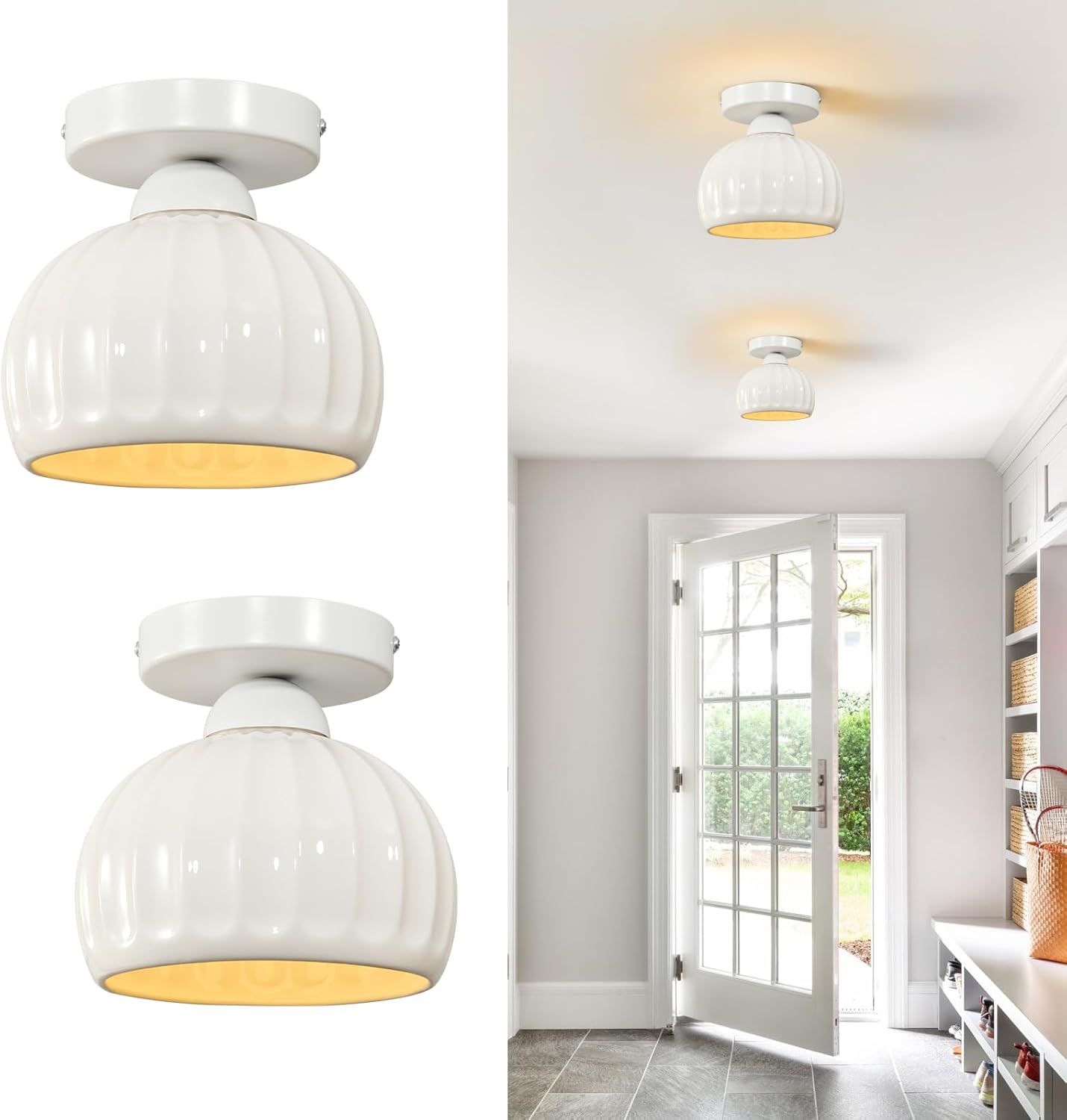 White Semi Flush Mount Ceiling Light - Vintage 2 Pack Fixtures