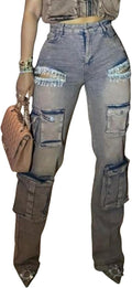 Unybwonn Women Rhinestone Cargo Jeans for Trendy Style