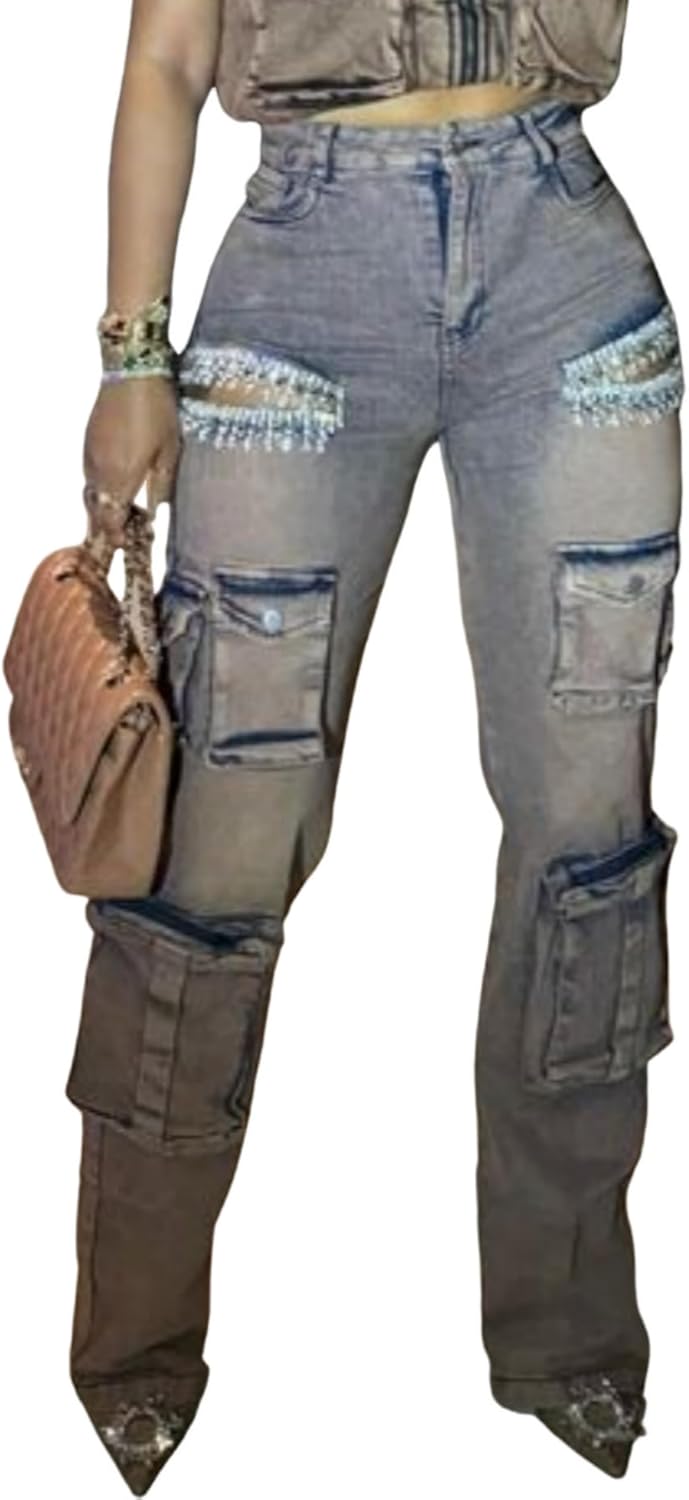 Unybwonn Women Rhinestone Cargo Jeans for Trendy Style
