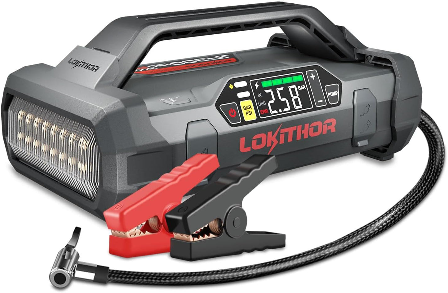 LOKITHOR Jump Starter: 1500A 12V Power for 7.0L Gas, 4.5L Diesel, 150 PSI Inflator