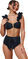 High Waisted Women Flounce Strap Bikini Set - Tummy Coverage