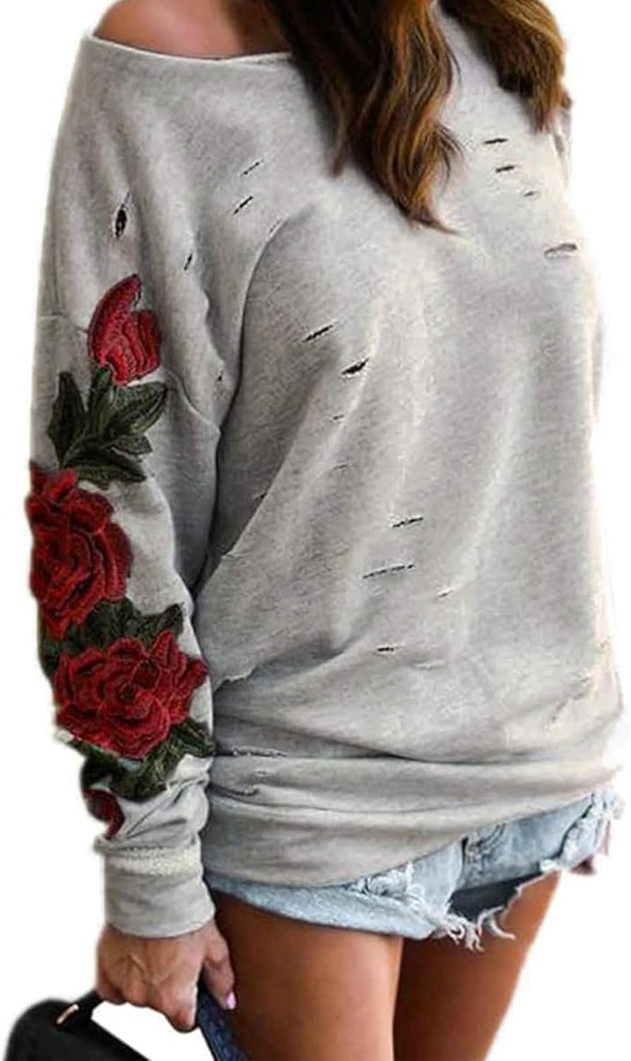 Floral Embroidered One Shoulder Sweatshirt