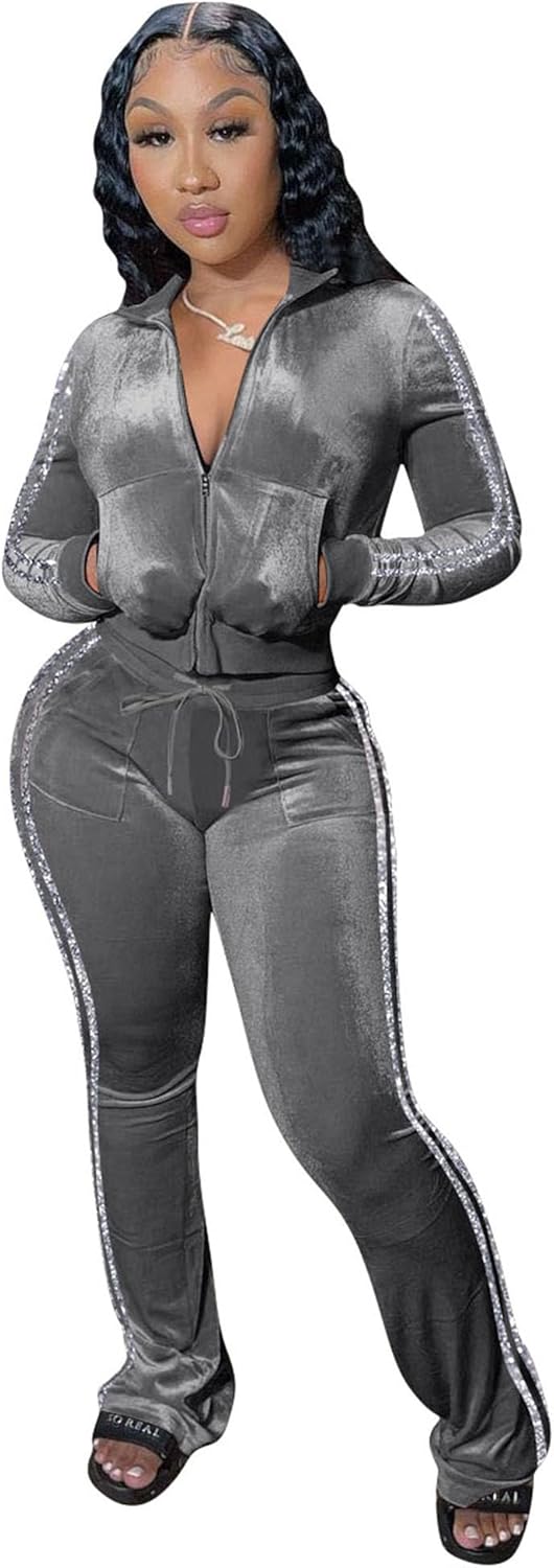 Womens Velour Tracksuit Set with Zip Up Crop Top and Pants