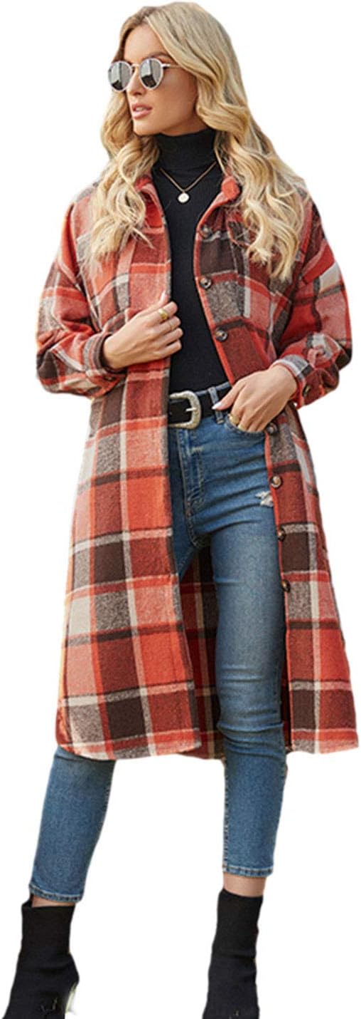 PUWEI Women's Casual Long Plaid Shacket Jacket for All Seasons