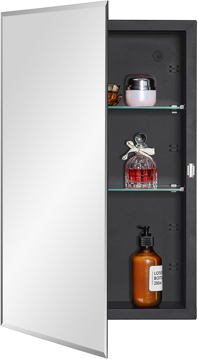 Black Bathroom Medicine Cabinet with Beveled Edge Mirror Door