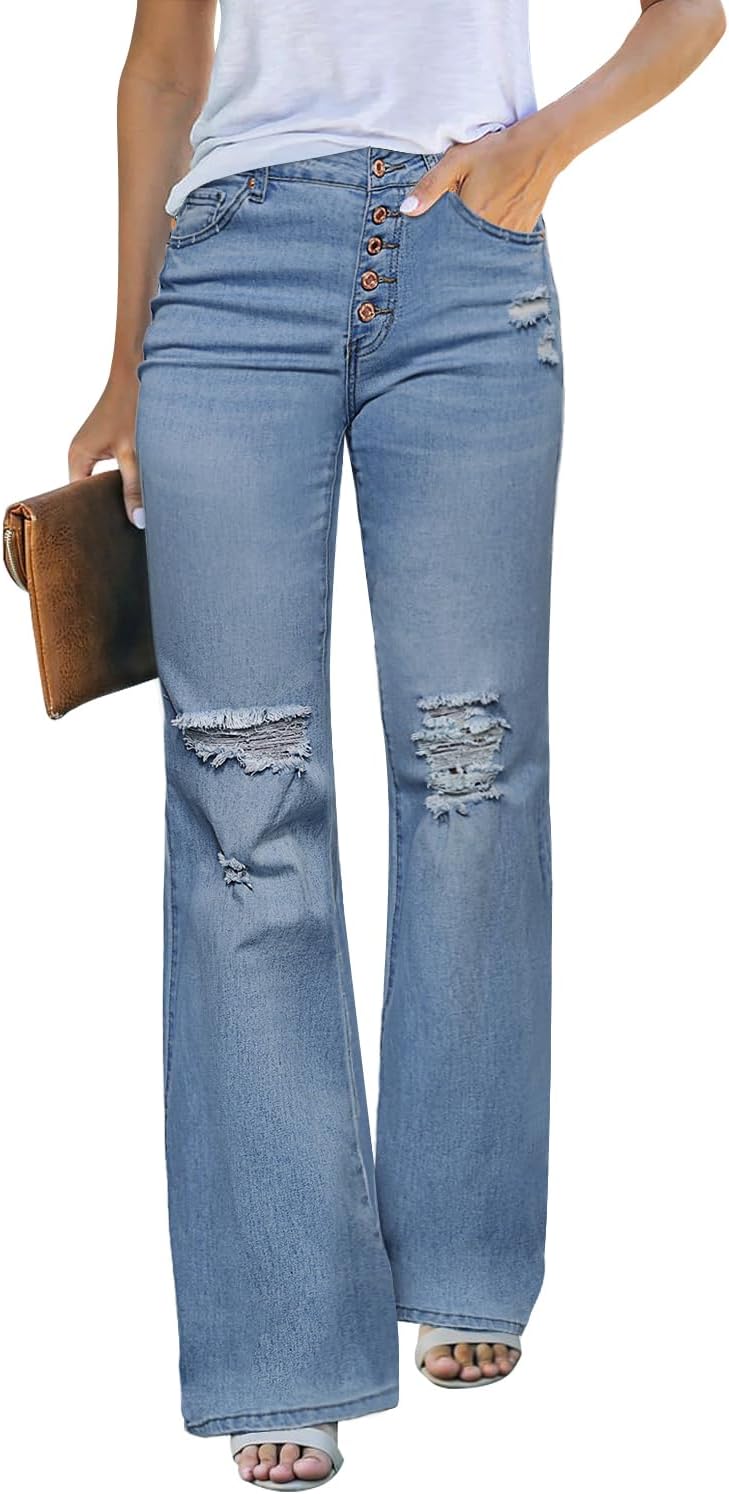 High Waisted Ripped Flare Jeans for Women by LookbookStore