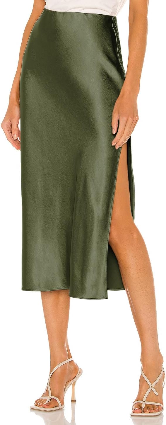 Womens Satin Silk High Waist Slit Midi Skirt for Every Occasion