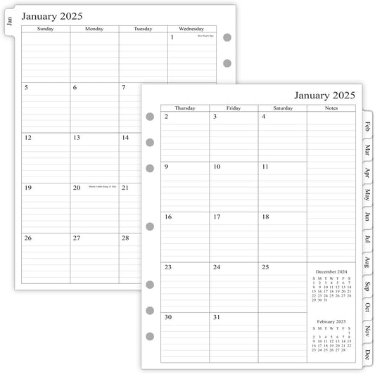 2025 Monthly Planner Refill: 2 Pages/Month, 8.5x11, Jan-Dec, Folio Size
