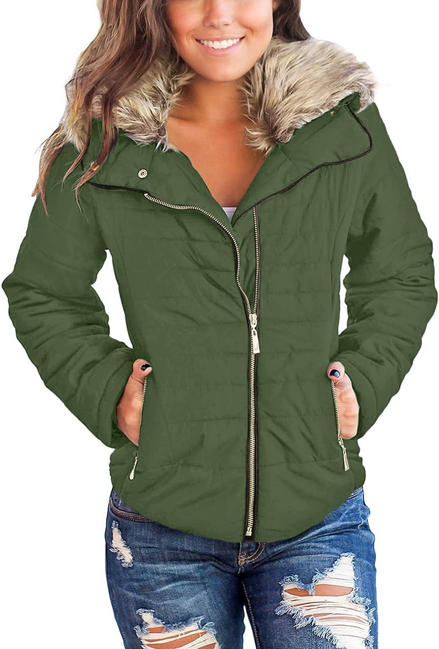 Vetinee Women Casual Faux Fur Lapel Zip Pockets Puffer Coat