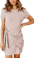 MEROKEETY Women's Tie Waist Crew Neck Mini Dress - Ruched Bodycon