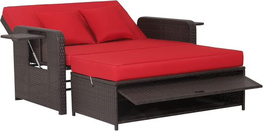 Tangkula Patio Rattan Daybed with Adjustable Backrest & Ottoman