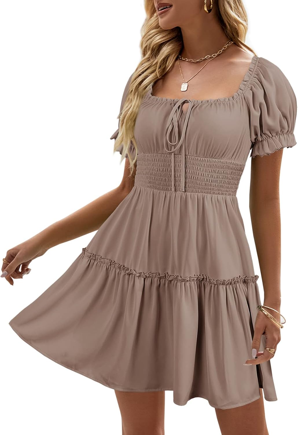 Boho Floral Smocked Square Neck Mini Dress for Women