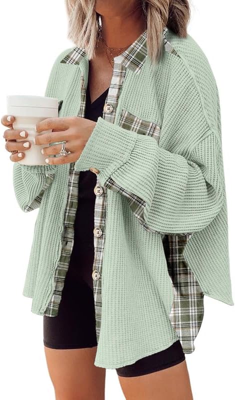 SHEWIN Womens Waffle Knit Plaid Shacket for Stylish Comfort