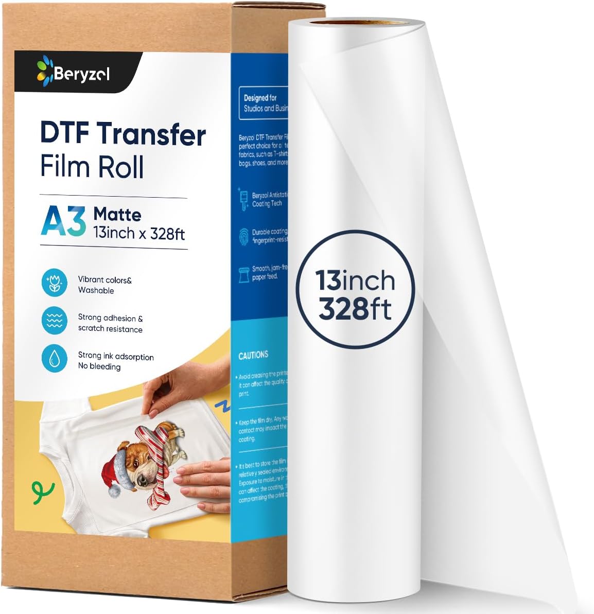 Beryzol 13x328ft DTF Film Roll: Premium Double-Sided PET Transfer Paper