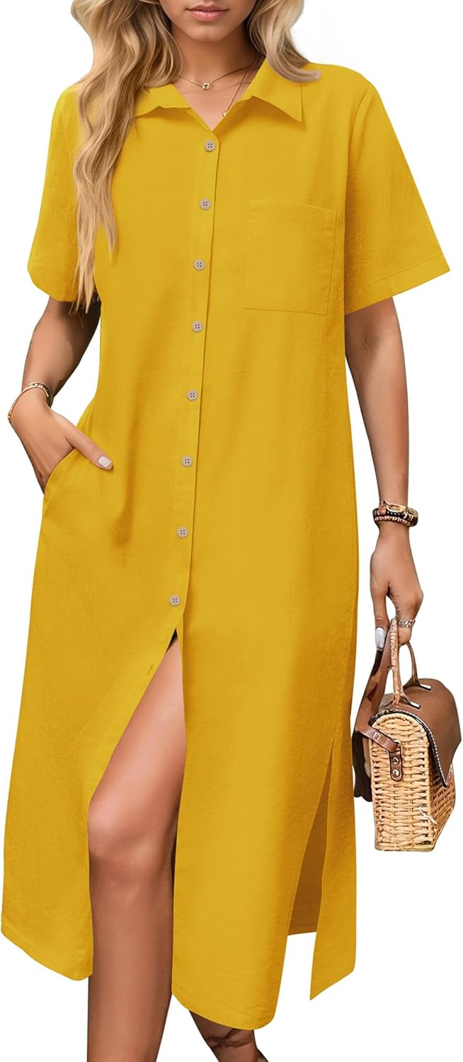 HOTOUCH Womens Summer Dress Casual Midi Short Sleeve Shirt