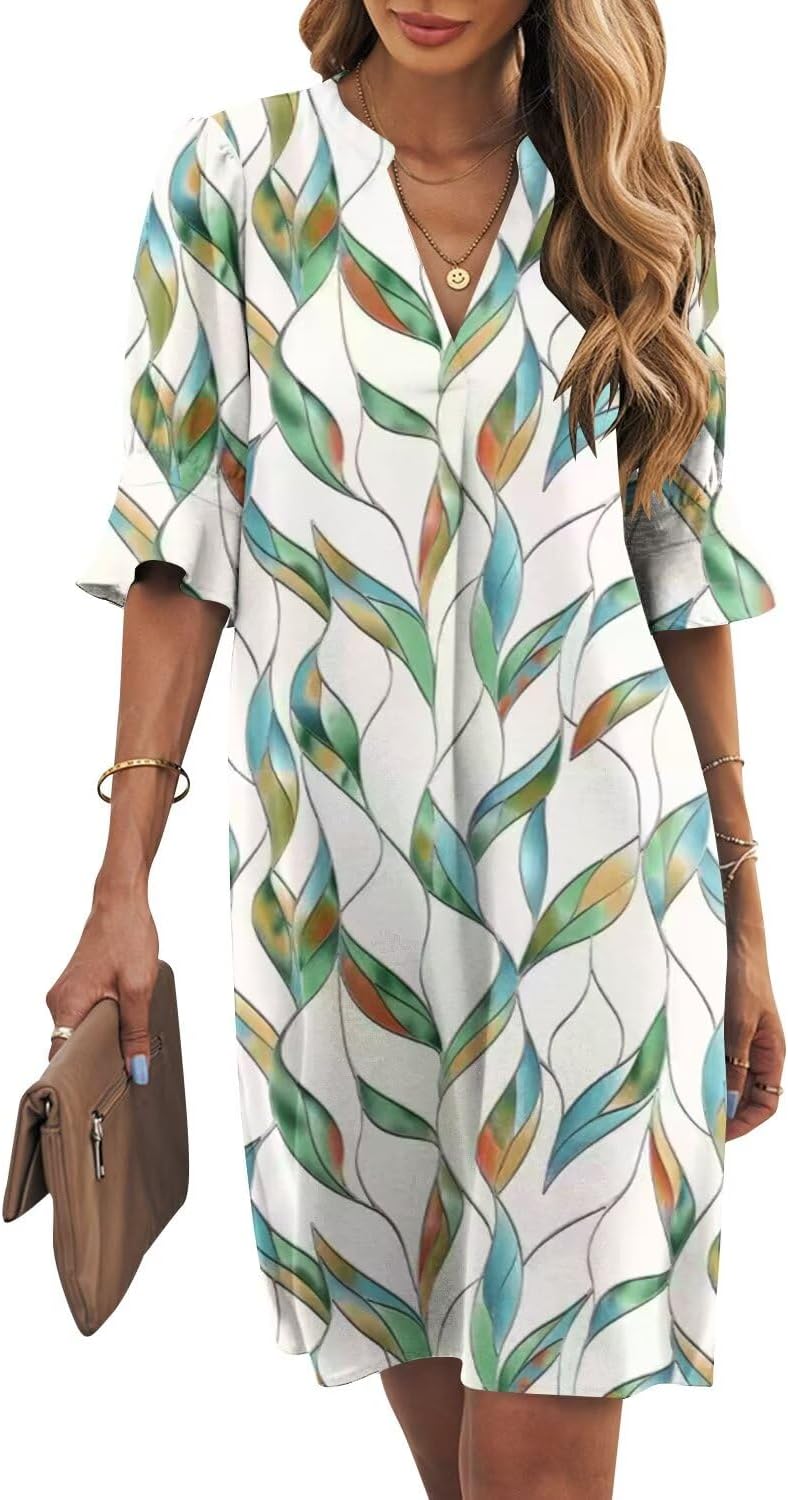Wkior Shift Dress for Women V Neck Short Sleeves Casual Style