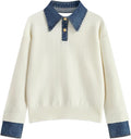 Womens Fall Oversized Long Sleeve Sweater with Denim Panel Collar