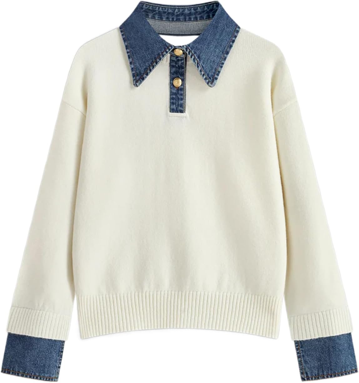 Womens Fall Oversized Long Sleeve Sweaters with Denim Collar