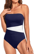 Women Tummy Control One Piece Swimsuit Navy Blue White - Strapless