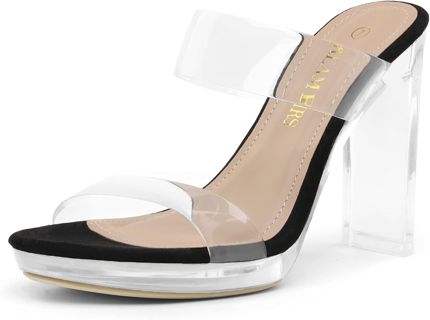 DREAM PAIRS Women's Clear Two Strap Open Toe High Block Heels