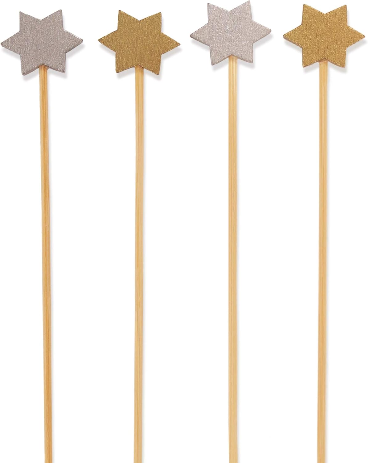 100pcs Holiday Bamboo Star Picks - Elegant Gold & Silver - 5.9 Length