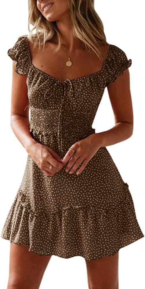 Valphsio Womens Smocked Dress Ruffle Floral Tie Front Boho Style