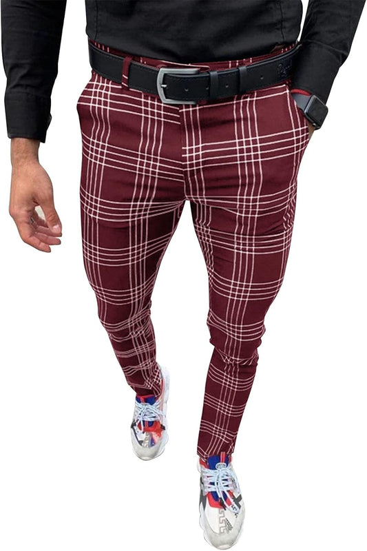 Men's Slim Fit Plaid Dress Pants for Business and Casual Wear