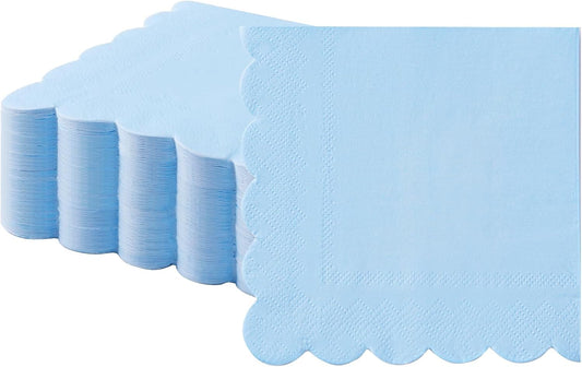 100 Light Blue Scalloped Cocktail Napkins - Elegant Disposable Party Napkins