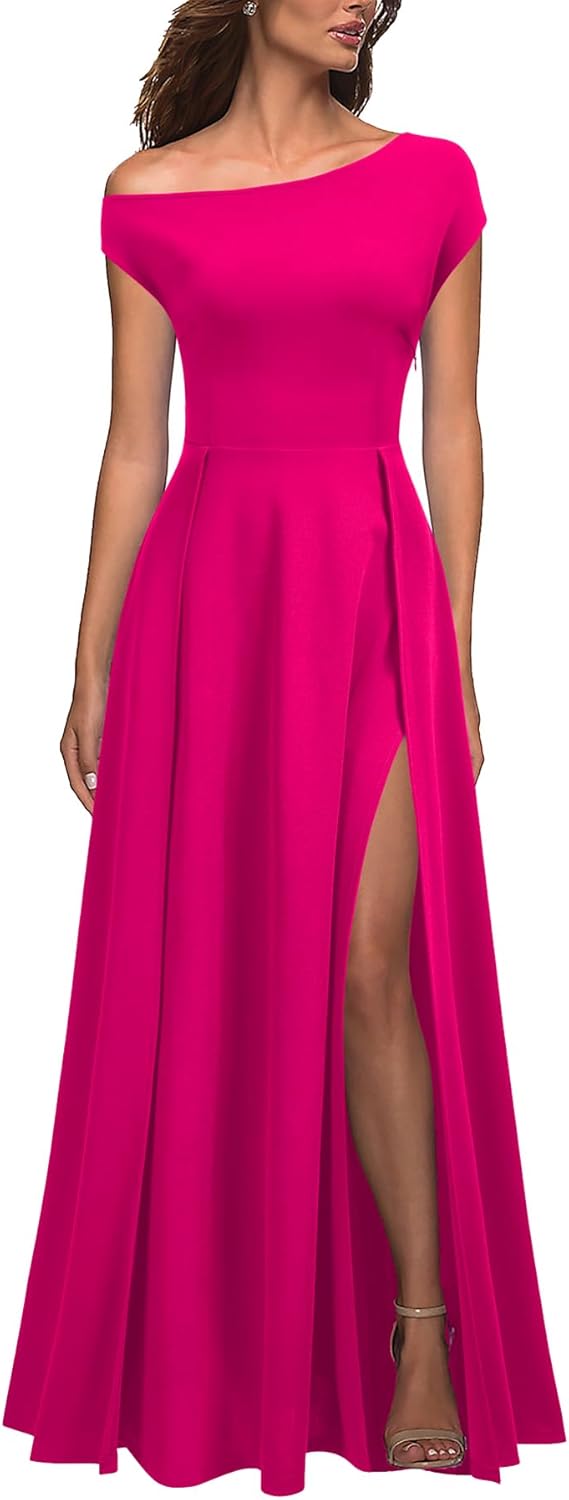 MUSHARE Women's One Shoulder Formal Dress with Sexy Split Design