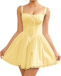 Womens Summer Mini Dress Square Neck Tie Front Lace - Backless Fit