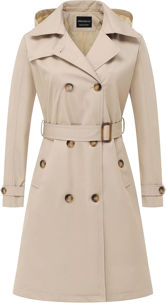CREATMO US Women's Long Trench Coat with Detachable Hood