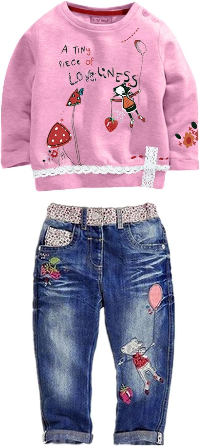 LUKYCILD Toddler Girl Clothes Long Sleeve Top and Jeans Set