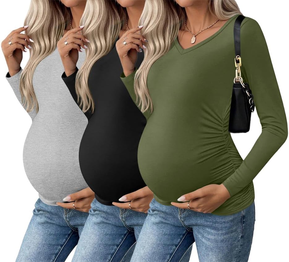 Ekouaer Womens Maternity Shirts Long Sleeve 3 Pack for Moms