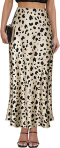 Women's Leopard Satin Maxi Skirt High Waisted Elastic Waistband 2025