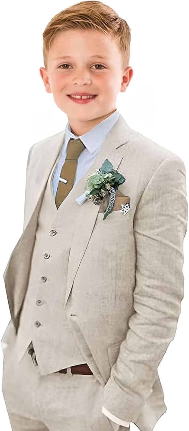 Boys Linen Suit Slim Fit 3 Piece Summer Beach Wedding Set