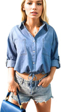 Kwoki Women's Cropped Denim Shirt - Roll Up 3/4 Sleeve Crop Top