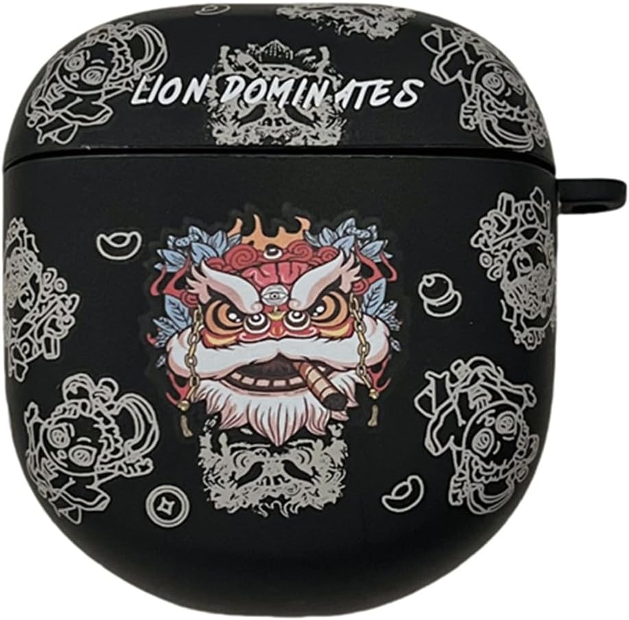 Bose QuietComfort Earbuds Case: Cute Lion Design, Portable Hook (Black)