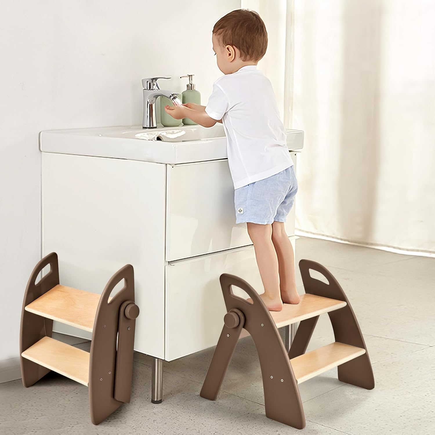 Wooden 2 Step Stool for Kids Bathroom Sink Foldable Design