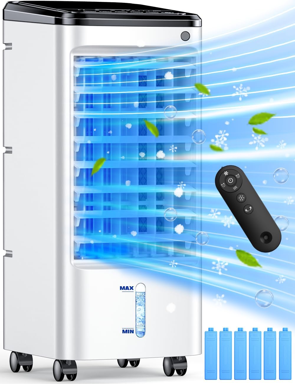 Portable Dual Tank Air Cooler - 12H Timer, 6 Ice Packs, Remote Control
