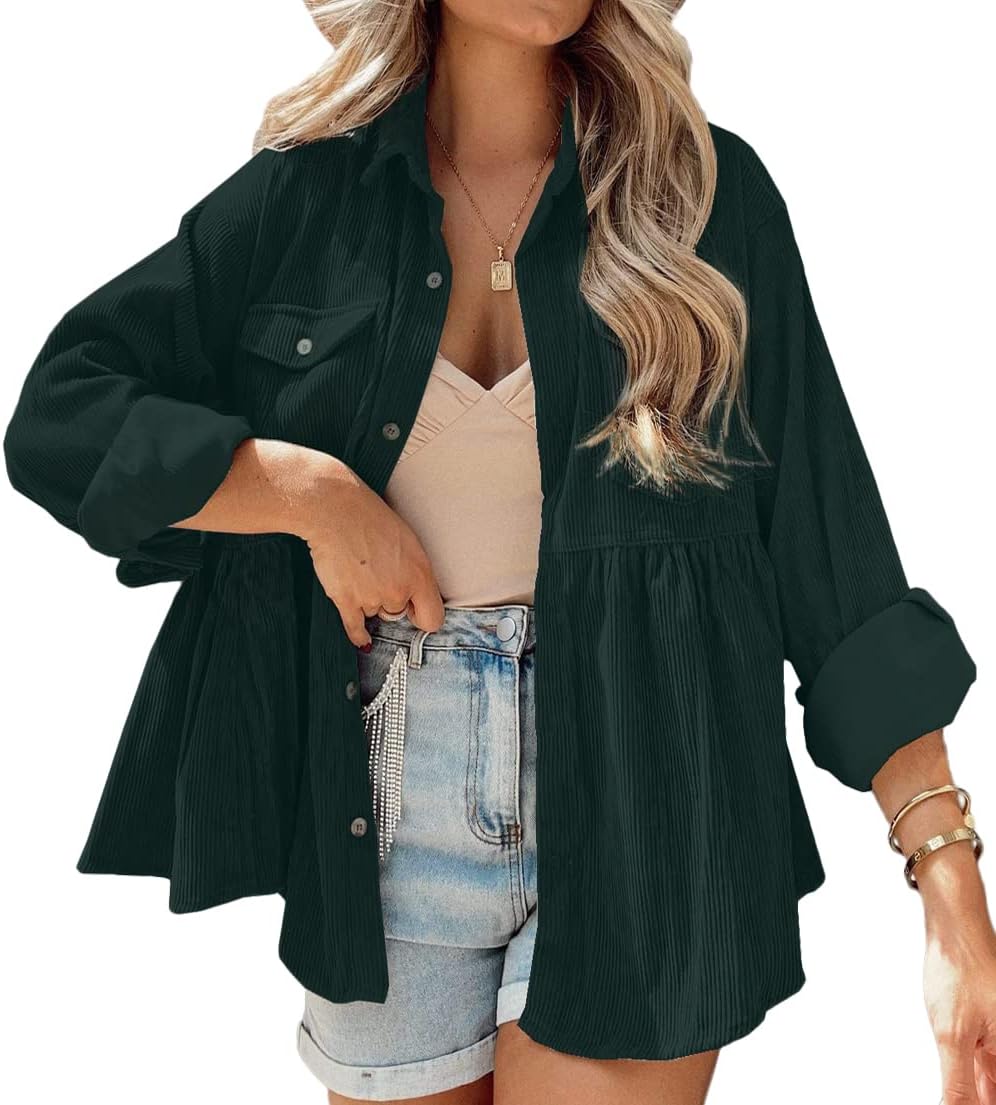 Womens Corduroy Peplum Shirts Tops Cute Long Sleeve Blouses