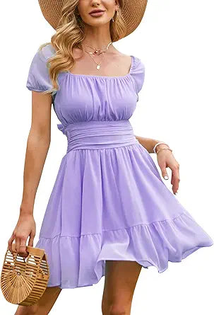 EXLURA Women's Tie Back Square Neck Short Puff Sleeve Dress