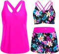 3 Piece Tankini Swimsuits for Women Tummy Control - Blue Leaf Set
